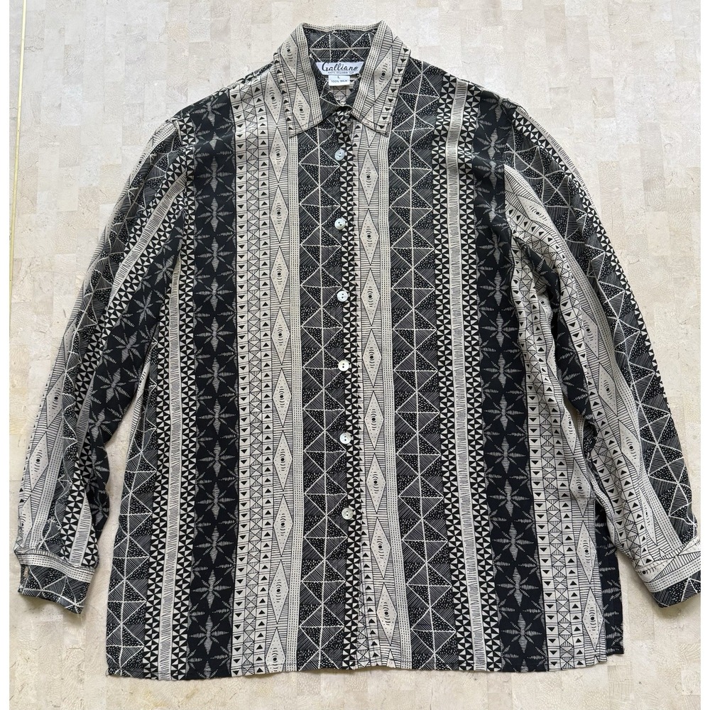 Vintage Galliano Italy Geometric Silk Long Sleeve Button-Up Shirt Abstract Large